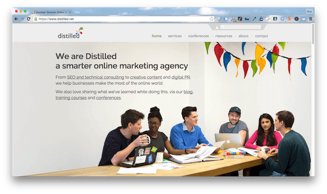 Homepage screenshot of London marketing agency, Distilled.