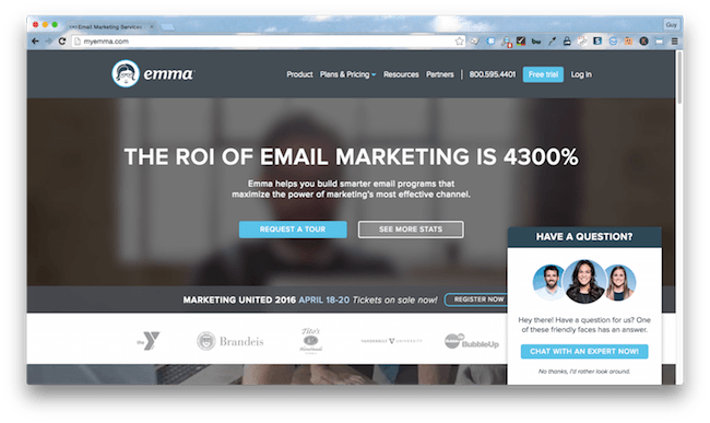 Homepage screenshot of Nashville, Tennessee email marketing agency, Emma.