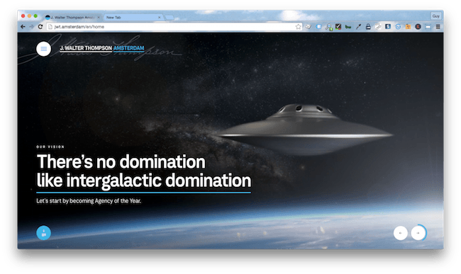 Homepage screenshot of intergalactic marketing agency, J. Walter Thompson (Amsterdam).