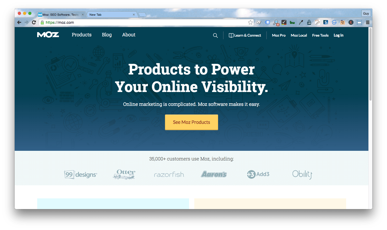 Homepage screenshot of marketing tools provider, Moz.