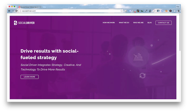 Homepage screenshot of social media marketing agency, Social Driver.